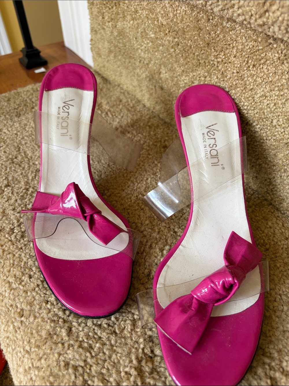 Versani Women's Hot Pink Bow Clear Strap Slide Heels